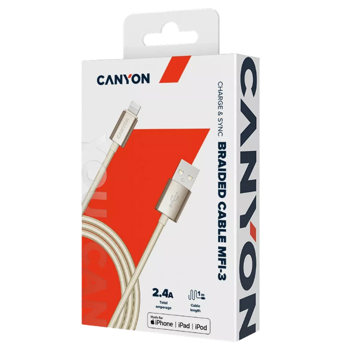 Кабель CANYON CNS-MFIC3GO USB - lightning (MFI), 1м, золотой (лицензия Apple)