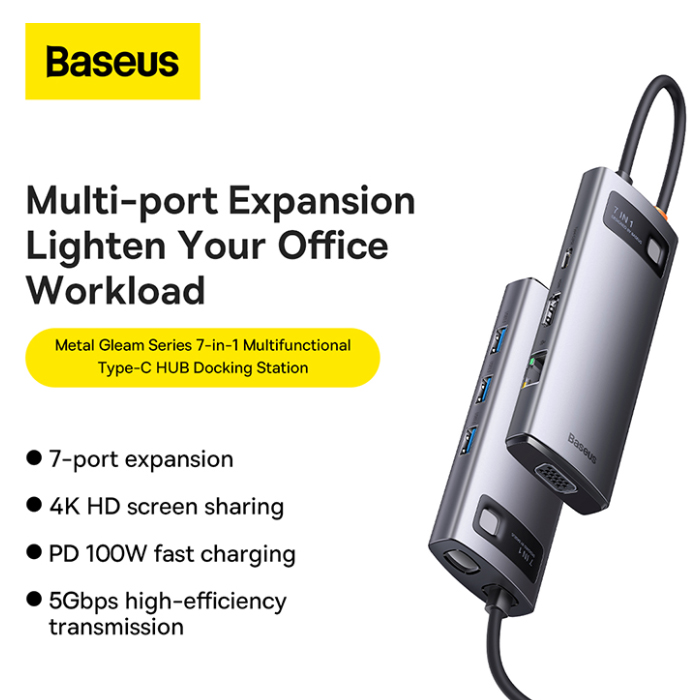 USB концентратор Baseus Multi-functional HUB Metal Gleam Series 7-in-1 (WKWG040013
) Grey